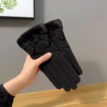 Warm Gloves In Autumn and Winter with Velvet Padded Cute Bow Mao Kou Outdoor Cycling Ladies Driving Touch Screen Gloves.