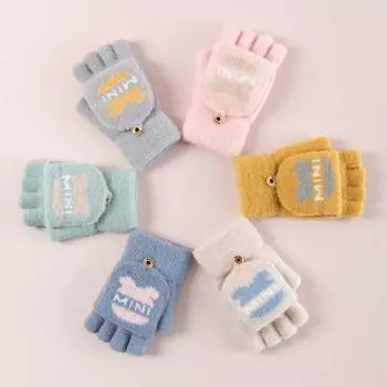 Теплые жаккардовые вязаные перчатки зимние детские полупалые милые с откидной варежкой утолщенные с плюшевой подкладкой без пальцев для письма и печати One Size