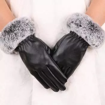 Warm Leather Gloves Plus Velvet Thickened Women s Imitation Rabbit Fur Mouth Gloves PU Leather Touch Screen Autumn and Winter Gloves average size