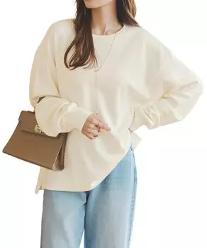 Warm Long Long Cold Simple XL Ecru [Kobe Lettuce] Women s T-top, Sleeve, Cotton, Over-T, Heat-generating, Protection, [C7313]