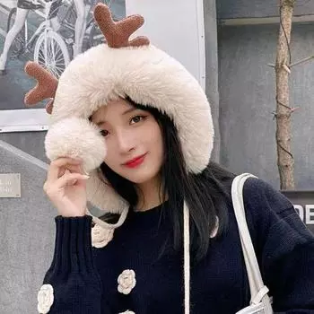 Warm Plush Antler Hat Fluffy Soft Ear Protection Hat Winter Thickened Cycling Hat Women бежевый