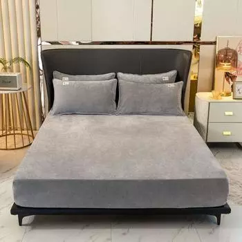 Warm Plush Fitted Sheet Elastic Mattress Cover Velvet Bed Cover Full Set Winter Soft Family Double Bed Bedding 120/150/180x200cm 2 Pillowcases серый