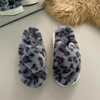 Warm Plush Slippers Women Slides Flat Mid Heels Women Shoes Animal Print Cute Letter Platform Fluffy Fur Slippers Shoes 36 серый