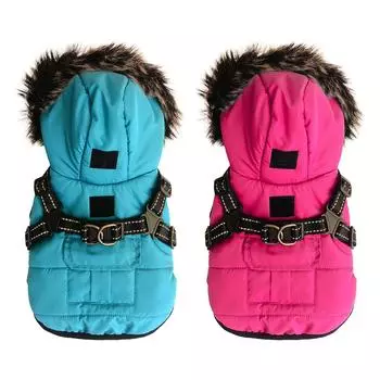 Warm Soft Windproof Puppy Hooded Coat with Harness Winter Pet Dog Coat Dog Jacket with Zipper for Small Medium Dogs Clothing S