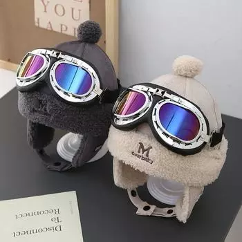 Warm Suede Ski Cap with Glasses Cute Kids Bear Ears Hat Cartoon Plush Pilot Hat Streetwear кофейный
