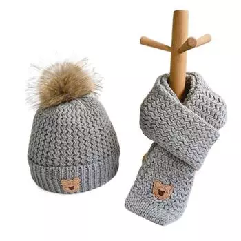 Warm Thicken Infant Knitted Hats Cute Bear Embroidery Winter Baby Hat Scarf Boys Girls