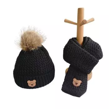 Warm Thicken Infant Knitted Hats Cute Bear Embroidery Winter Baby Hat Scarf Boys Girls