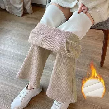 Warm Thicken Plus Velvet Flare Pants Winter Elegant Womens Pantalones Korean Fashion High Waist Slim Plush Lined Trousers 90Cm XXL чёрный