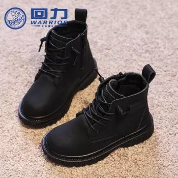 WARRIOR Classmate Британский стиль Короткие ботинки Осень и зима Новые Бархатные теплые кожаные ботинки для мальчиков Хлопковые ботинки для девочек 29