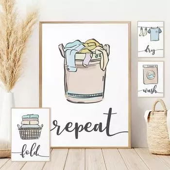 Wash Dry Fold Repeat Laundry Sign Colorful Wall Art Canvas Nordic Posters and Prints Pictures Room Home Decor Painting Cuadros 21x30cm No Framed