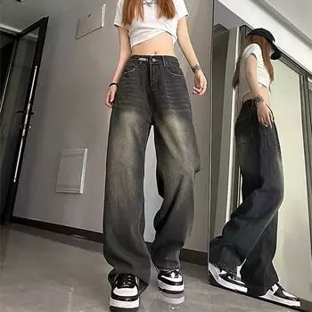Washed Antique Gradient Jeans American Retro Pants Niche Design Straight-leg Floor Pants S синий