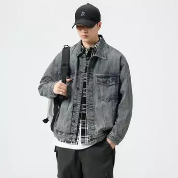 Выстиранная синяя классическая джинсовая куртка мужская с ретро-бамбуковым узором повседневная мужская свободная и универсальная куртка M синий