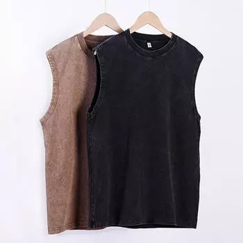 Washed Cotton Vintage Batik Grinding Edge Manly Vest Europe and The United States Trend Loose Vest Sleeveless T Shirt S чёрный