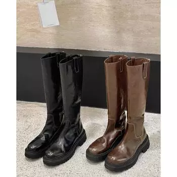 Вымытая коровья кожа ~ Ботинки из натуральной кожи с круглым носком и толстой подошвой, детские сапоги с застежкой-молнией сзади, высокие сапоги в британском стиле 35