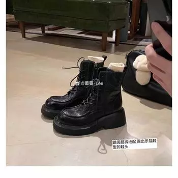 Washed cowhide leather round head heightened thick-soled lace-up Martin boots women s small thick heel short boots 35