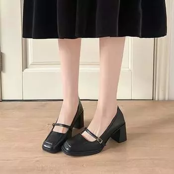 Washed cowhide square head black leather shoes thick heel light mouth versatile single shoes retro Mary Jane shoes women s high heels 35