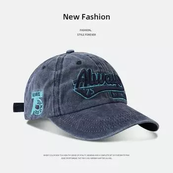 Washed Denim Baseball Cap Letters Embroider Fashion All-Match K-style plus Size Deepening Big Head Circumference Cover Face Baseball Cap ALW duck tongue-denim blue All yards