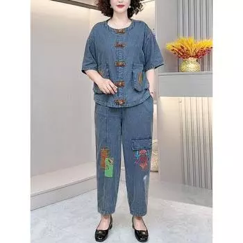 Washed Denim Cotton Fashion Middle-Aged and Elderly Set 2025 Summer New Z Western Style Plus size Middle-aged Women Dress Two-piece Set Suit L (Recommendation 65.00 kg-75.00 kg