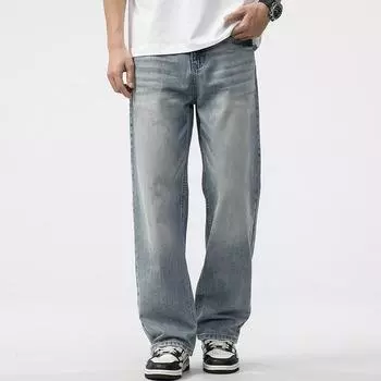 Washed Denim Men s Spring Hong Kong Style Retro Casual Men s Trousers Loose Straight Pants 28 синий