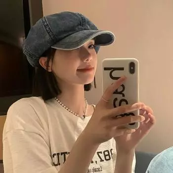 Washed denim octagonal hat women s 2025 spring face small literary cloud hat retro newsboy hat beret темно-синий