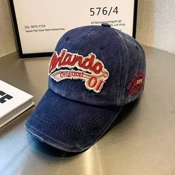 Washed Distressed Hat Men and Women Fashion Retro Baseball Street Letters Embroider Couple Sun-Proof Peaked Cap Blue Adjustable