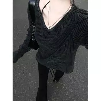 Washed Gray Idle Style V-neck All-Matching Bottoming Sweater Dark gray L