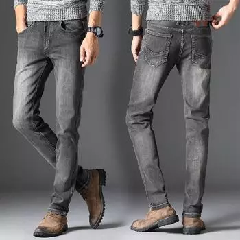 Постиранные светло-серые джинсы мужские повседневные прямые кремово-белые ностальгические свободные дымчато-серые эластичные весенние модели Tide 28 серый