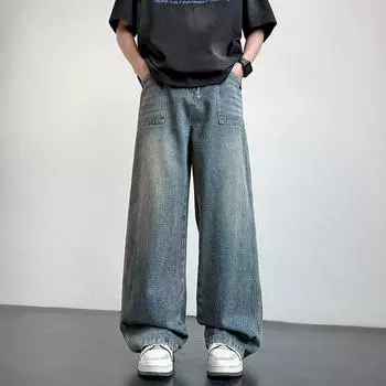 Washed Old Jeans American Street Men s New Spring and Autumn Casual Pants Loose Wide-leg Straight Trousers S