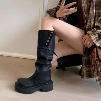 Wasteland pleated pile boots, real soft leather two-wear foldable thick heel thick sole tall knight boots, western boots 35
