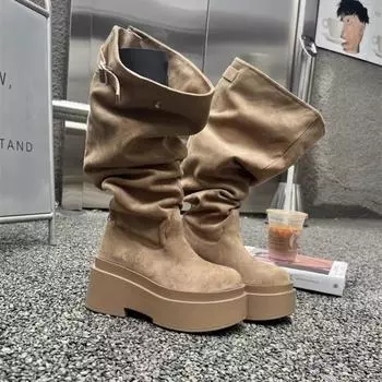 Wasteland wind boots women s autumn and winter new small thick-soled heightening fashion boots trendy suede piling boots 35