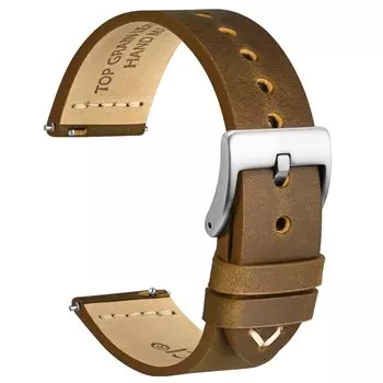 Watch Strap Genuine Leather Antique Watch Band 20mm Top Grain Leather Quick Release Dark Buckle [WOCCI] Khaki/Silver