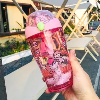 Water Bottle with Straw, Plastic Cartoon Mixing Cup, Creative Animal Design, Cute Cartoon, Girl Heart, Ins Photo Gift 460ml