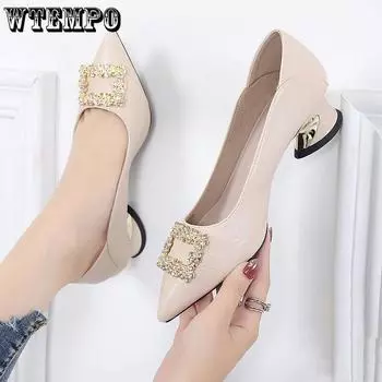 Water Diamond Four Seasons Single Shoes Женские универсальные туфли-лодочки с острым носком на толстом каблуке Модные женские туфли 34 бежевый