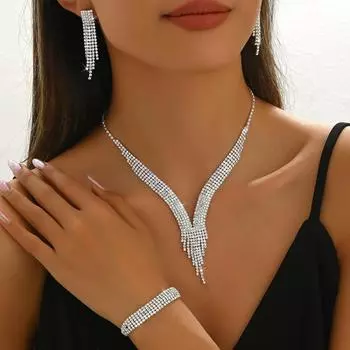 Water Drop Tassel Necklace, Earrings, Bracelet, Three-Piece Set, Light Luxury Temperament, Collarbone Chain, Necklace Jewelry For Women