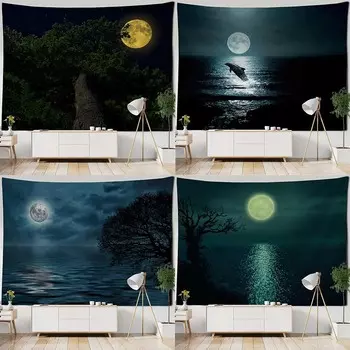 Гобелен с рисунком ночной сцены на воде и луне, украшение для стен дома, гобелен для спальни, гостиной, гобелен 100x75cm
