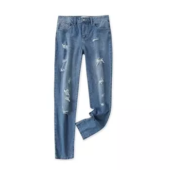 Water Washed Hole Brushed White Denim Summer New Arrival Female Slim-Fit Straight-Leg Pants Export Casual Long Pants E/1 Bottom Dark Blue S