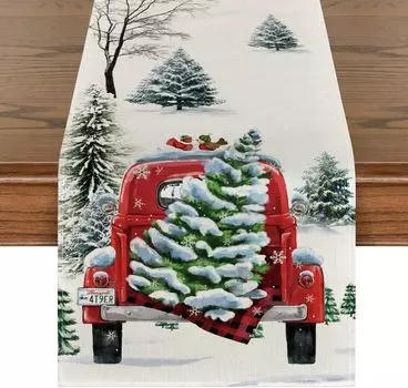 Waterclor Snow Tree Truck Christmas Linen Table Trackers Dresser Winter Xmas Kitchen Table Decor Navidad Decorations 2025 150x33cm 59x13inch
