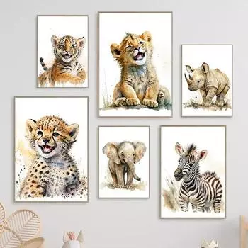 Watercolor Animals Baby Cheetah Giraffe Elephant Meerkat Zebra Tiger Poster Canvas Painting Kids Room Nursery Home Decor Cuadros 21cm30cm NoFrame