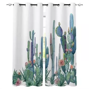 Акварельные кактусовые скандинавские плотные шторы для детей, декор для дома, спальни, гостиной, высокие затемняющие оконные шторы W135 x H60cm