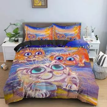 Watercolor Cartoon Cat Bedding Set Boys Girls Twin Queen Size Duvet Cover Pillowcase Bed Kids Adult Home Textileextile EU Single 135x200cm