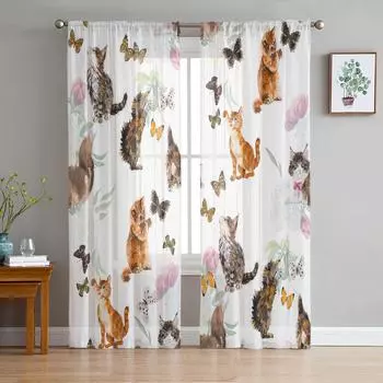Watercolor Cat Cartoon Butterfly Flower Sheer Curtains for Living Room Decoration Window Curtains Kitchen Tulle Voile Curtains W135 x H115cm x1