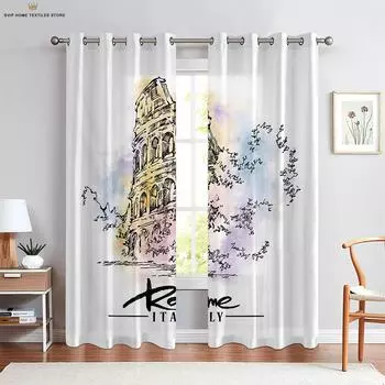 Watercolor City Building Night View 3d Printing Curtain Bedroom Living Room Study Kitchen Curtain Home Decoration 2 Pieces W50X130H(CM)X2PCS&Grommet Top