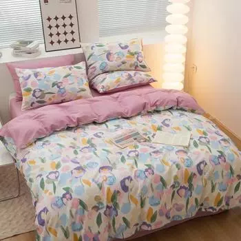 Watercolor Flowers Pattern Duvet Cover Set Modren Botanical Floral Printed Skin Friendly Cotton Quilt Cover Queen Bedding Set 160x210cm Single 3Pc