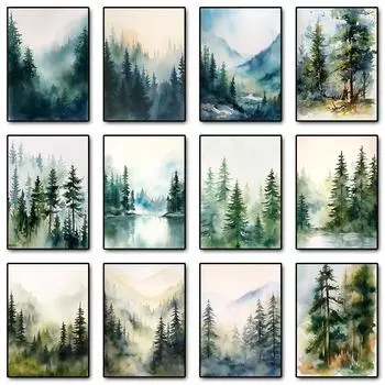 Watercolor Foggy Forest Mountain Trees Pine Posters and Prints Canvas Painting Green Wall Art Picture for Living Room Home Decor 21cm30cm NoFrame