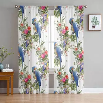 Watercolor Hand-Painted Flower Parrot Retro Sheer Curtains Modern Gauze Curtain for Living Room Bedroom Voile Yarn Curtains W135 x H114cm