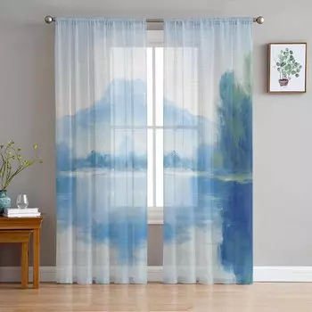 Watercolor Landscape Abstract Reflection Of The Sky Sheer Curtains for Kids Living Room Voile Window Curtains Tulle Drapes W135 x H114cm