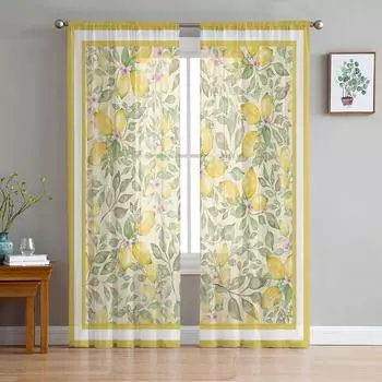 Watercolor Lemon Fruit Sheer Curtains for Living Room Decoration Window Curtains for Kitchen Tulle Voile Organza Curtains W135 x H115cm x1