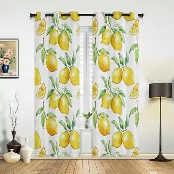 Watercolor Lemon Fruit White Yellow Curtains for Bedroom Living Room Drapes Kitchen Kid s Room Window Curtain Modern Home Decor 135W x 60H(cm) x1