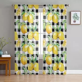 Watercolor Lemon Plaid Window Treatment Tulle Modern Sheer Curtains for Kitchen Living Room the Bedroom Curtains Decoration W135 x H114cm