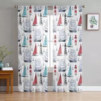 Watercolor Ocean Sailing Lighthouse Voile Sheer Curtains Living Room Window Tulle Curtain Kitchen Bedroom Drapes Home Decor 135W x 114H(cm)